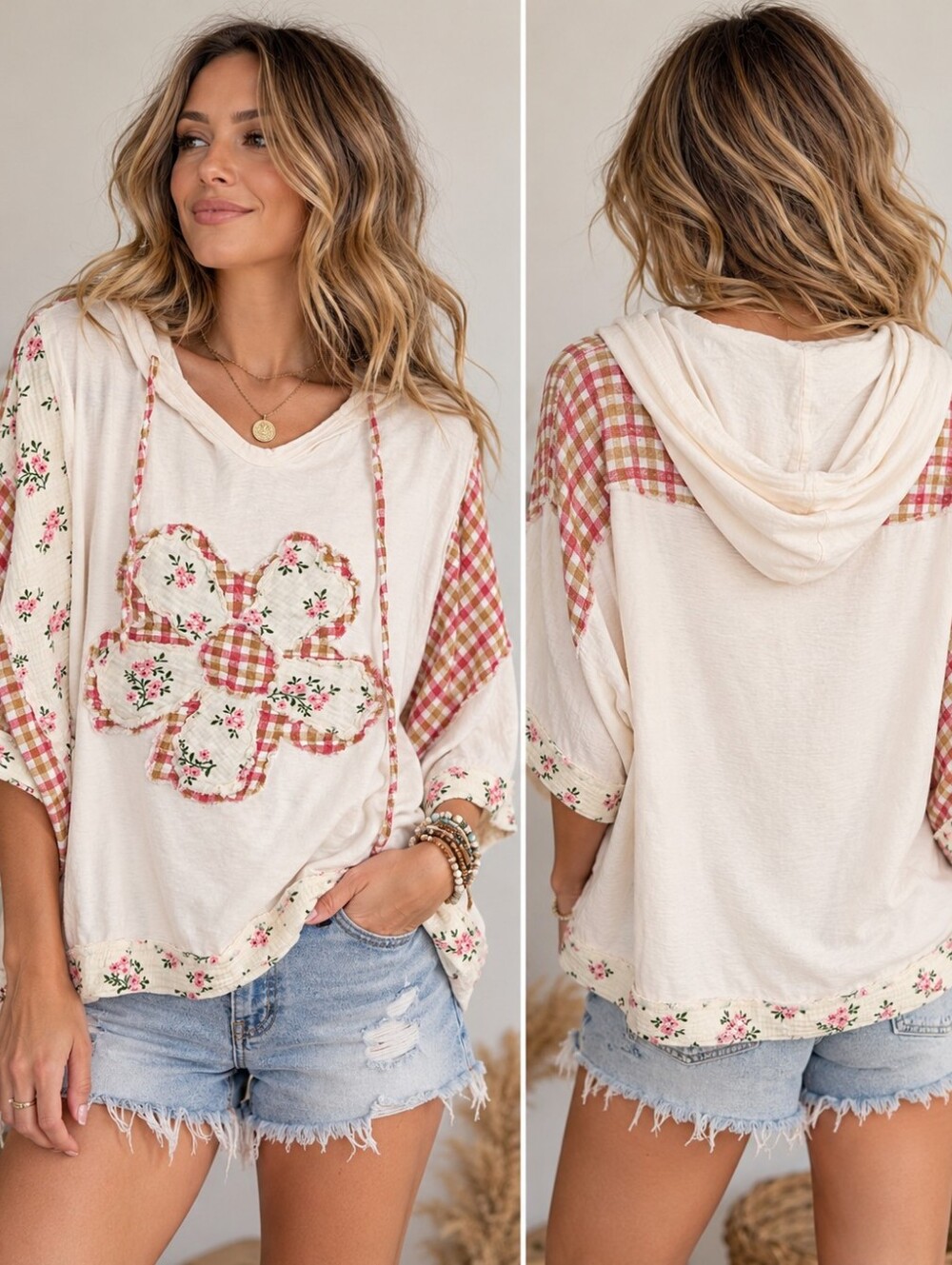 Sage + Fig Patchwork Daisy Hooded Top Floral Gingham Boho Size Small